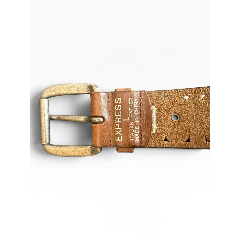 Express Womens M 31-33 Brown Leather Wide Floral Cutout Belt w/ Buckle - Picture 5 of 6